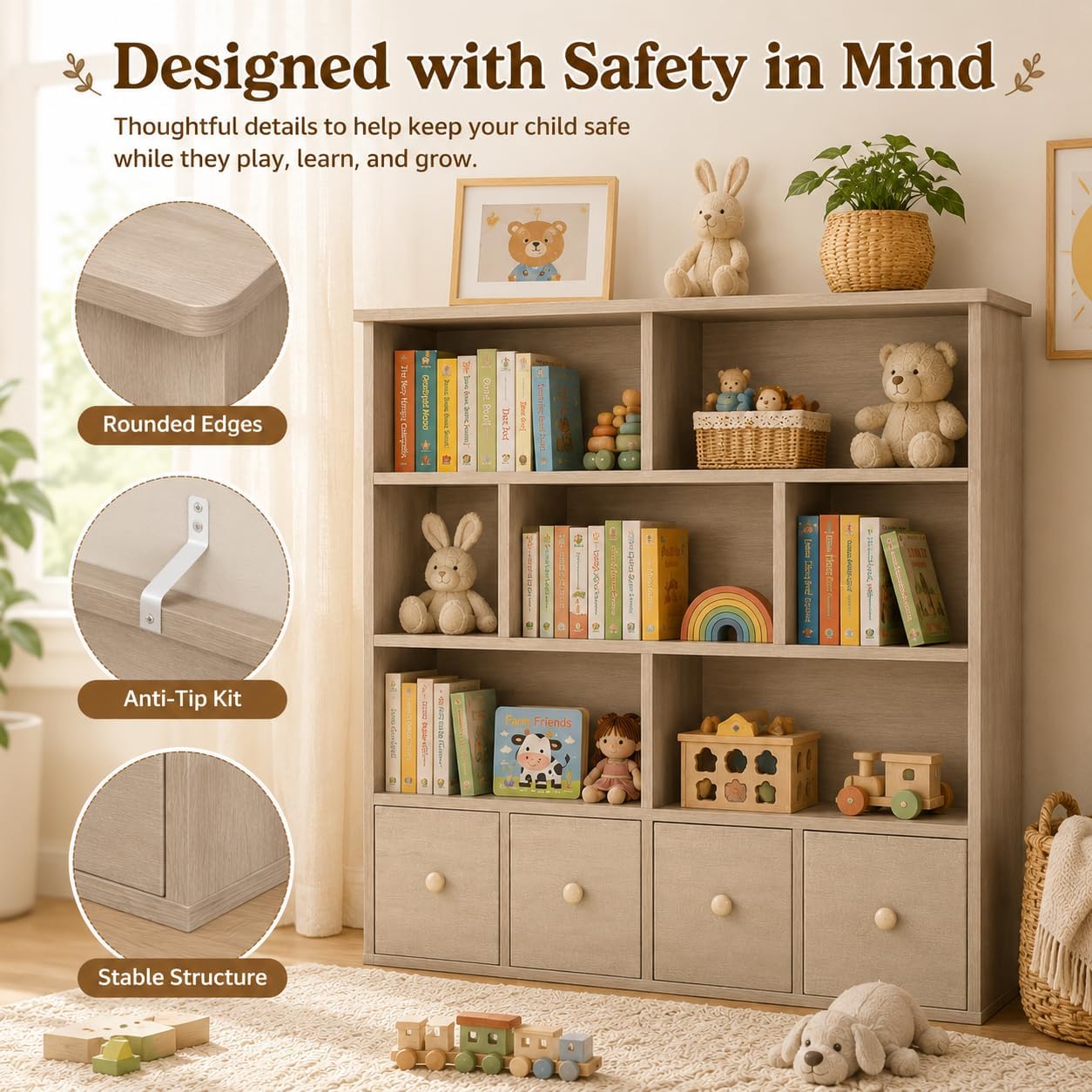 EROMMY 47' H Toy Storage Organizer and Bookcase, Toy Storage with 7 Storage Cubbies & 4 Foldable Drawers, Kids Book Shelf with Anti-tip Design, Modern Kids Furniture for Playroom, Bedroom, Natural