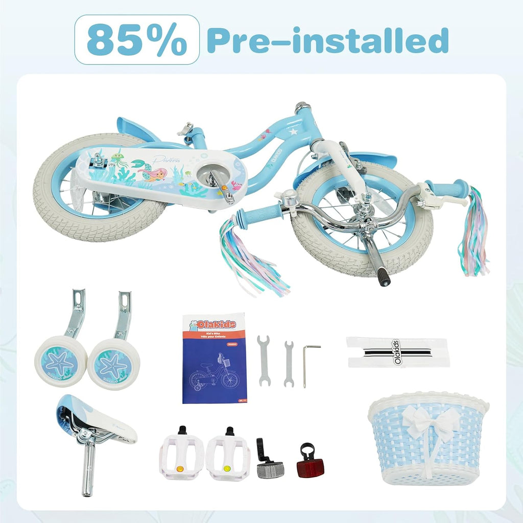 Olakids Kids Bike, 12 14 16 18 20 Inch Mermaid Theme Girls Bicycle with Training Wheels Basket Adjustable Seat and Handlebar Dual Brake