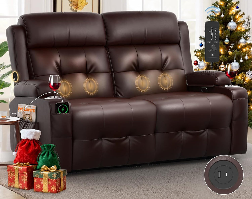 Loveseat Recliner, Oversized Reclining Loveseat, Massage Reclining Sofa With USB & Type C Port & Storage & Cup Holders, Recliner Couch, RV Wall Hugger Recliners Loveseat for Living Room & RV Camper