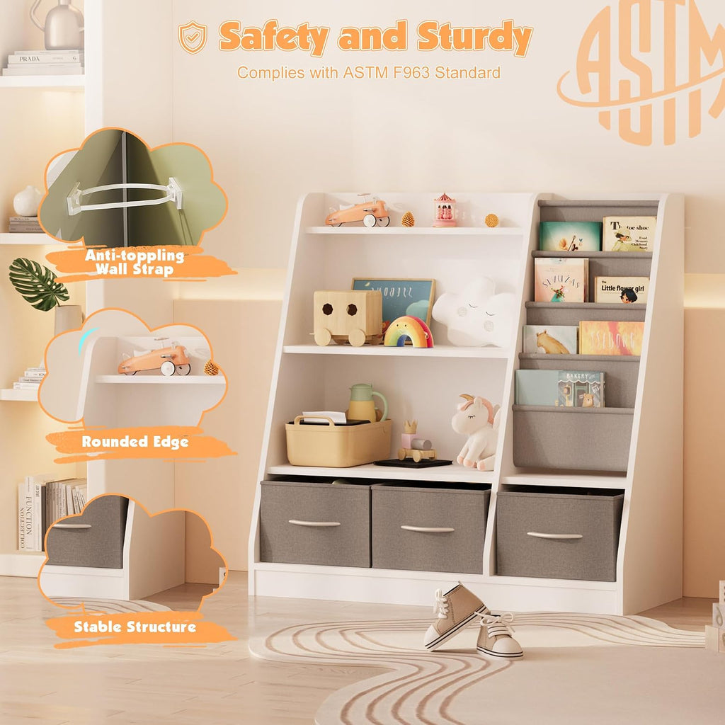 NACHES Kids Bookshelf and Toy Storage Organizer, Montessori Nursery Book Shelves with Sling Rack & Fabric Toy Bins, Children Toddler Baby Bookcase, Wooden Toy Shelf for Kids Room, Playroom, White