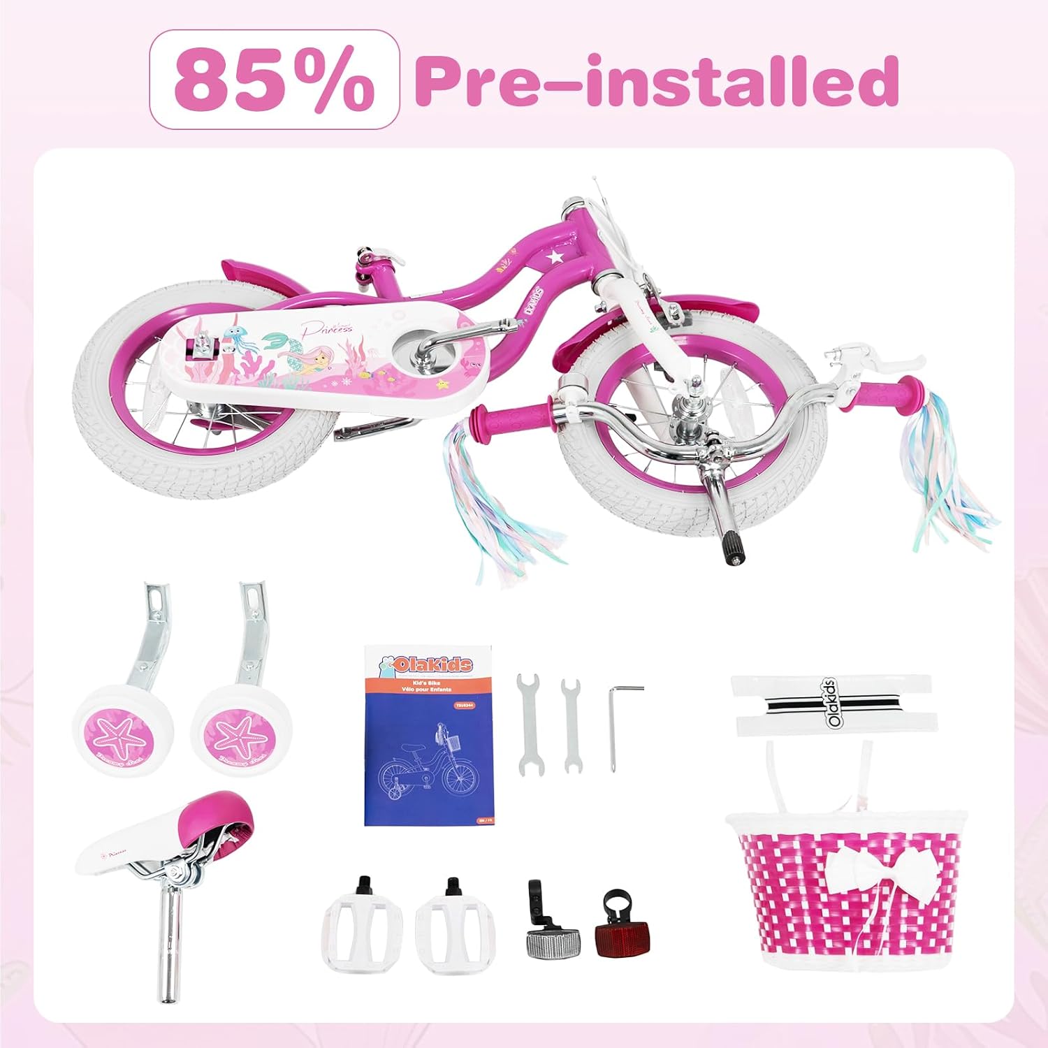 Olakids Kids Bike, 12 14 16 18 20 Inch Mermaid Theme Girls Bicycle with Training Wheels Basket Adjustable Seat and Handlebar Dual Brake