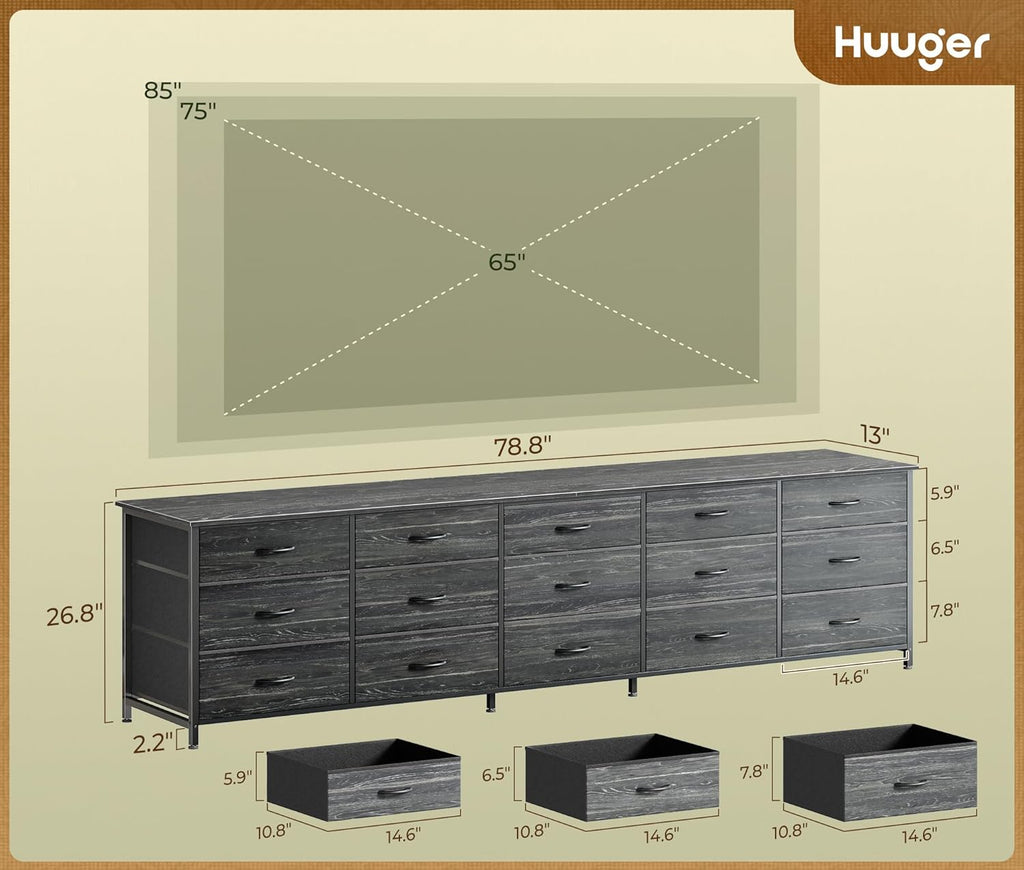 Huuger 78.7 inch Long Dresser for Bedroom, 15 Drawer Fabric Dresser for Closet, Large TV Stand for 65, 75, 85 inch TV, Wide Chest of Drawer with Storage, 78.7' W x 12.9' D x 26.7' H, Charcoal Black