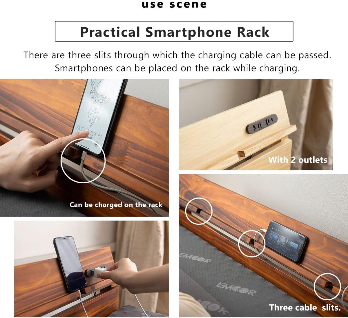 EMOOR Wood Slatted Bed Frame with Charging Station Twin for Japanese Futon Mattress (Earth-Natural), Height Adjustable (4/8/13in) Solid Pine Platform Bed