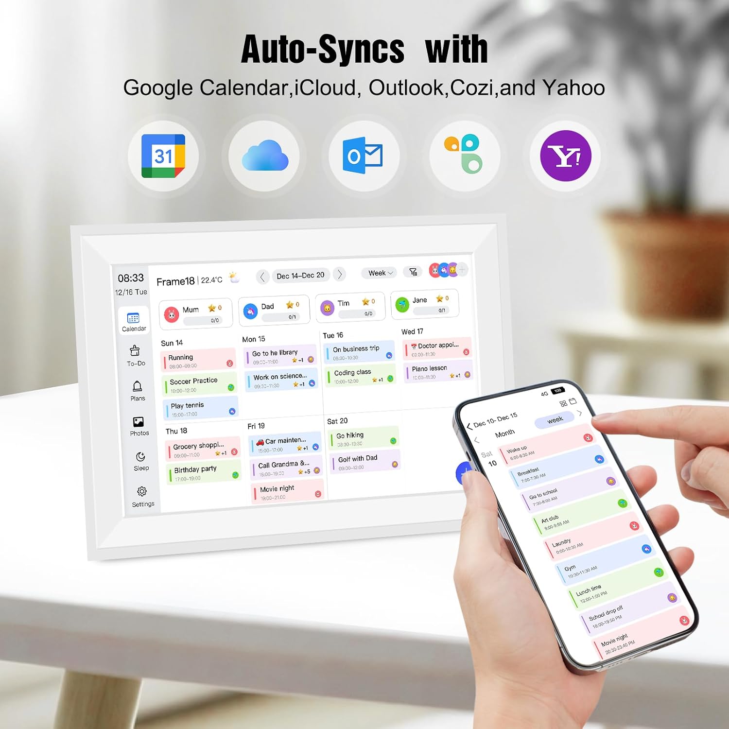 15.6' Smart Digital Wall Calendar Interactive Display for Family Schedules Wall Planner with Chore Charts Meal Planning Task Rewards 64GB Storage 1920x1080P IPS Touchscreen Digital Picture Frame White