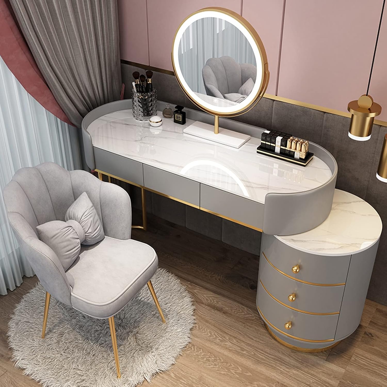 Dressing Table Makeup Vanity Table, with Adjustable LED Mirror 3 Color Lighting, Round Vanity Desk Bedside Table and Cushioned Stool Set, Bedroom Furniture Decor(Gray+White B-120cm/47.2in)