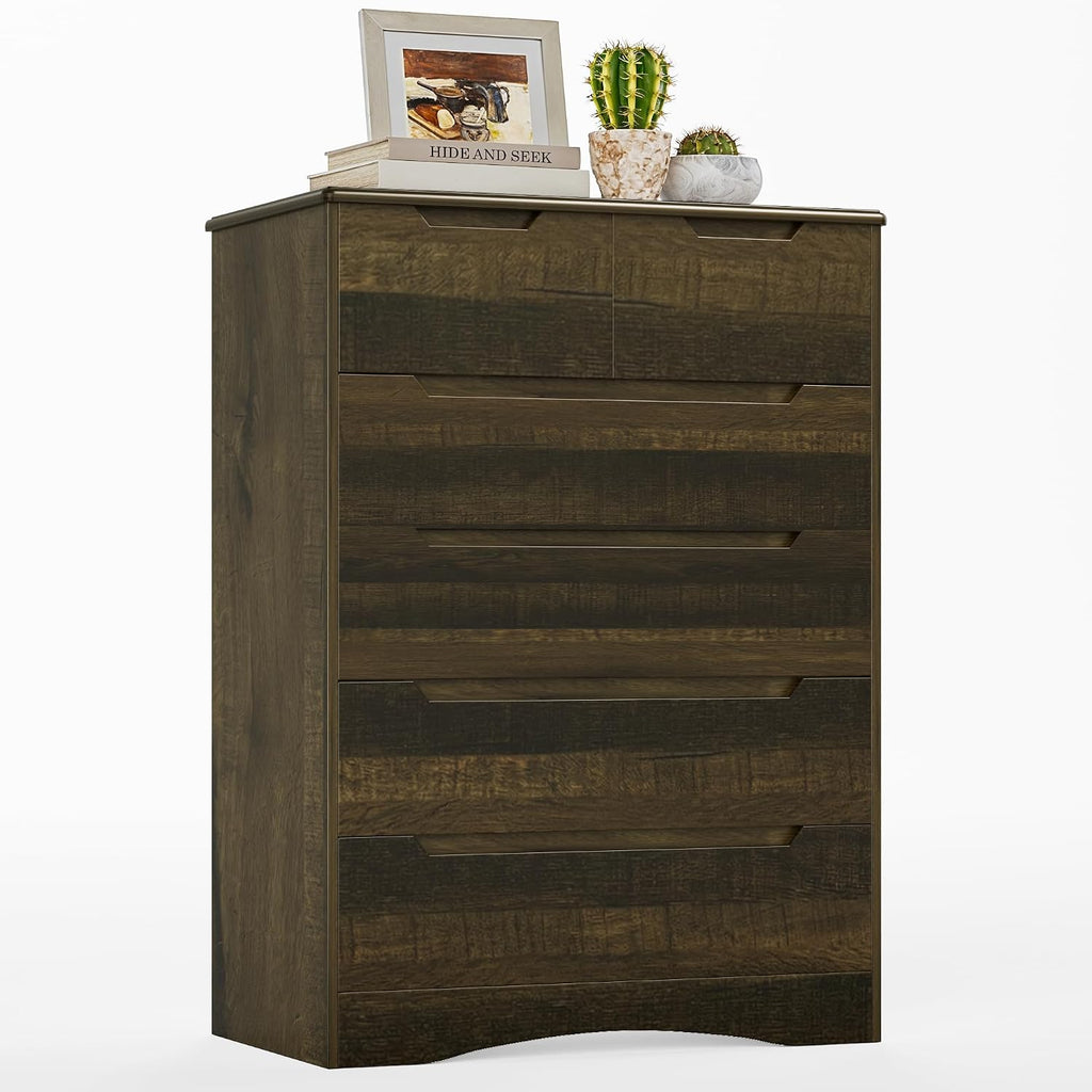 Gizoon 6 Drawer Dresser, Chest of Drawers with Large Storage, Dark Brown Dressers for Bedroom, Tall Dresser and Organizer with Anti-Tripping, Wooden Cabinet for Office, Living Room, Entryway