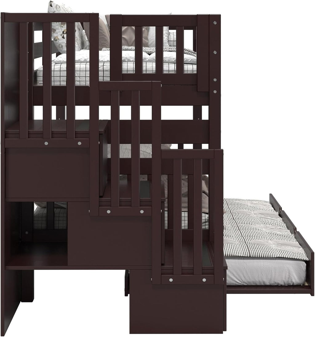 Bedz King Stairway Bunk Beds Twin Over Twin, 3 Step Drawers and a Twin Trundle, Dark Cherry