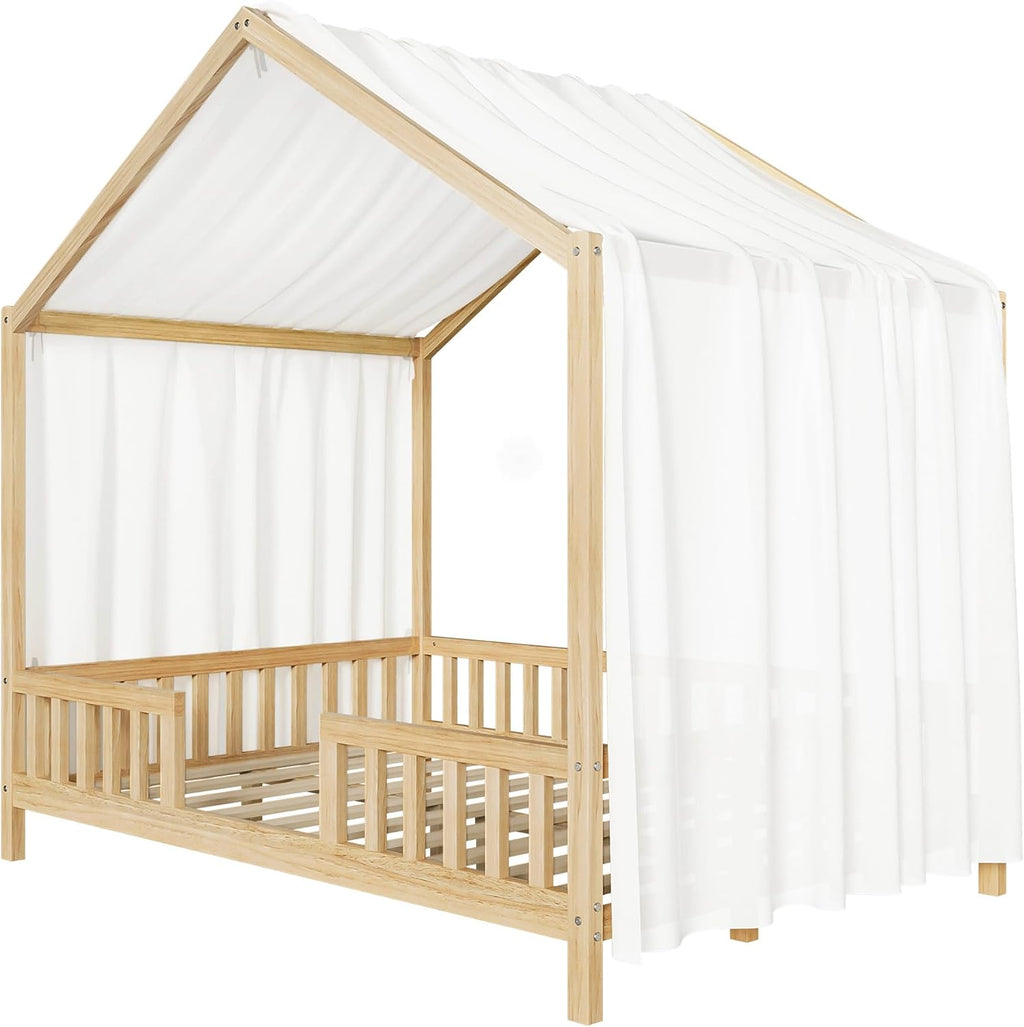 Full Size House-Shape Bed with Canopy and High Railings, Wood Kids Bed Frame with Roof (Natural, Full)