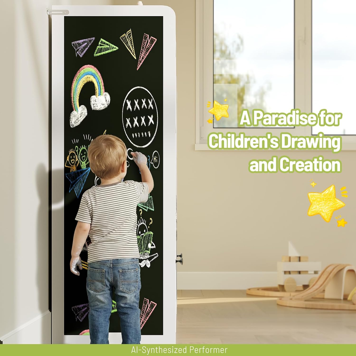Toy Organizer and Storage, Kids Bookshelf with Seat Cushion and Chalkboard, 2 Movable Drawers, Toy Storage Box with Stuffed Animal Storage Cabinet for Kids Room, Playroom, White and Black