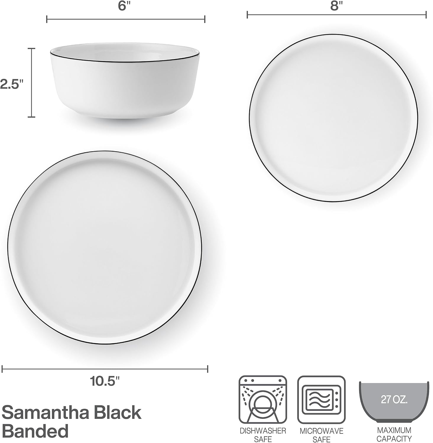 Mikasa Samantha 12 Piece Bone China Dinnerware Plate and Bowl Set, Service for 4, Black Banded Rim, Chip-Resistant, Lightweight, Durable, White