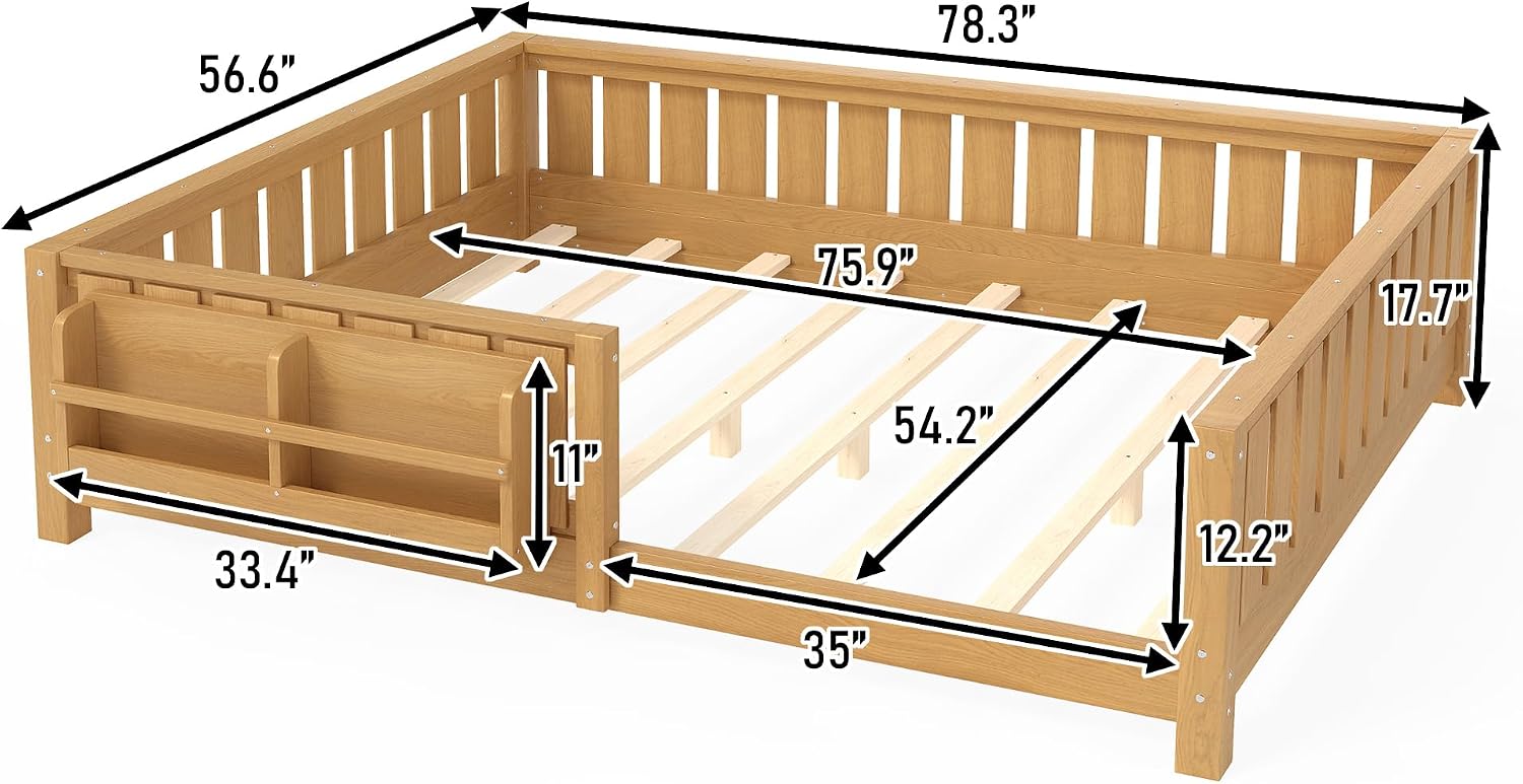 Bellemave Full Size Montessori Floor Bed with Slats and Fence, Full Size Montessori Bed with Rails and Bookcase, Easy Assemble Floor Beds Frame,Deep Natural