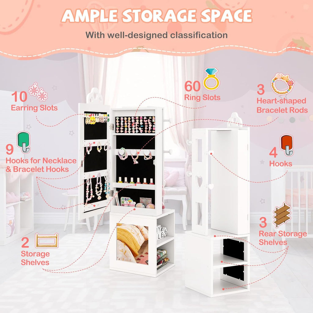 HONEY JOY 4 Piece Kids Vanity Set & Jewelry Armoire Cabinet, Snowflake Wooden Makeup Table & Chair Set, Dress Up Jewelry Organizer w/Full-Length Mirror, Kids Bedroom Furniture for Playroom (Pink)