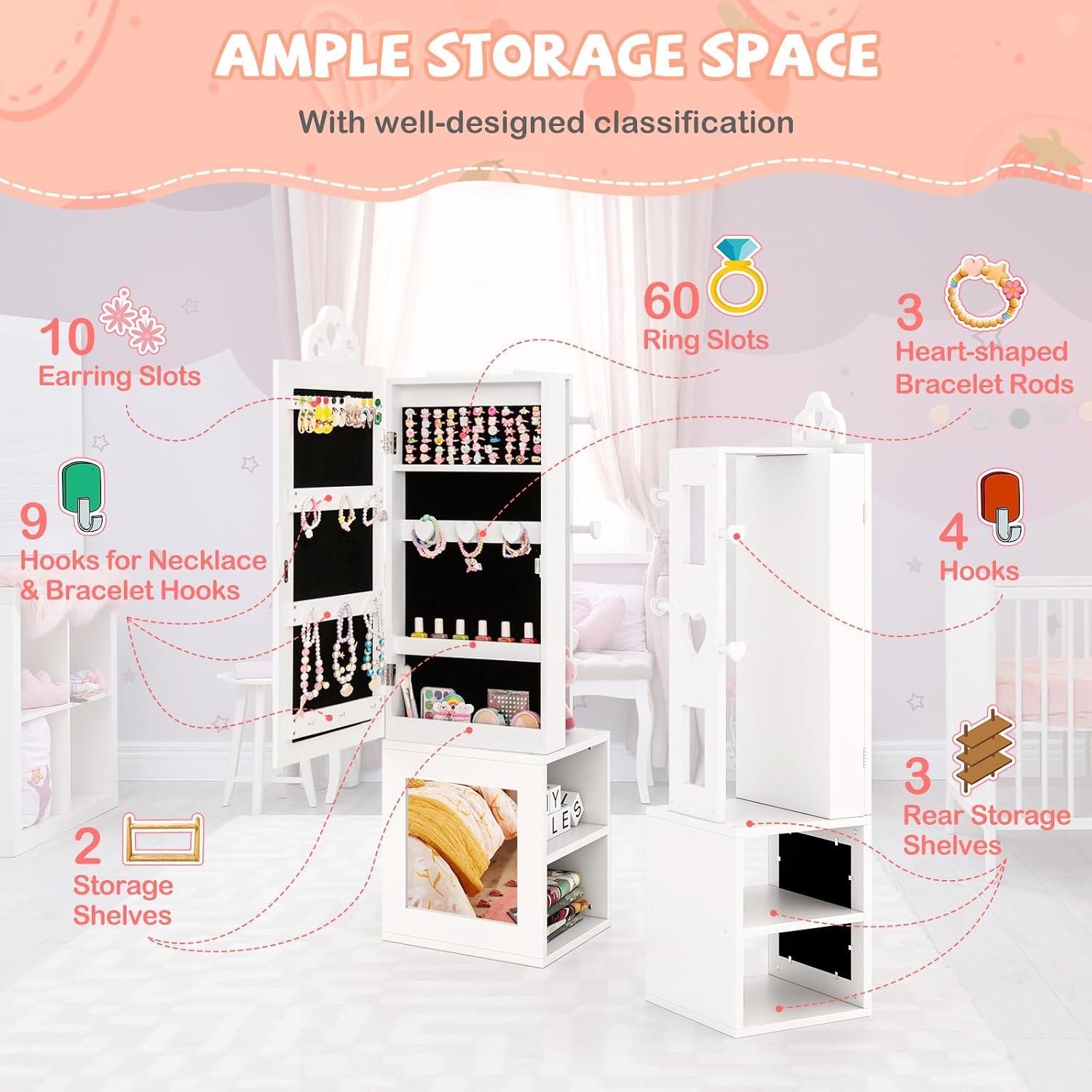 HONEY JOY 4 Piece Kids Vanity Set & Jewelry Armoire Cabinet, Snowflake Wooden Makeup Table & Chair Set, Dress Up Jewelry Organizer w/Full-Length Mirror, Kids Bedroom Furniture for Playroom (Pink)