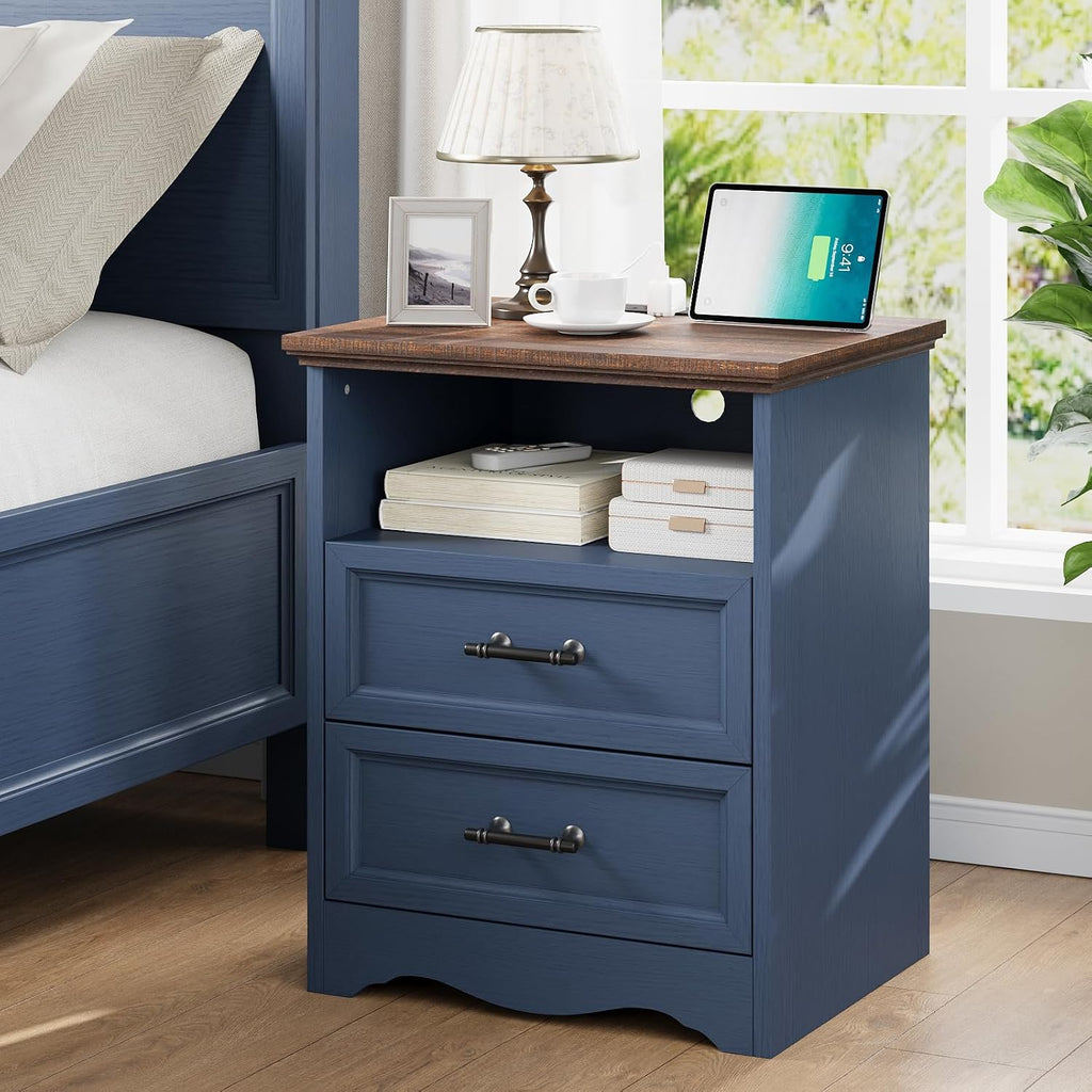 YANSNWO Blue Nightstand with Charging Station, Farmhouse End Table with 2 Drawers, Bedside Table with Space-Saving Storage Cabinet, Unique Base Design for Bedroom, Living Room
