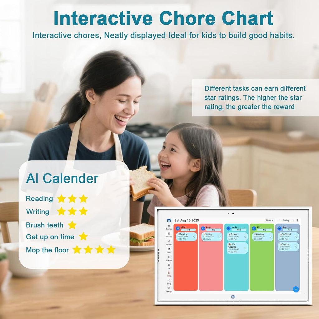 15.6 'Digital Calendar & Chore Chart, For Family Scheduling, Meal Planning, Task Rewards, Video Call，Online Sync With Mobile App, 32G Memory Smart Digital Photo Frame, Desktop Stand And Wall-Mounted