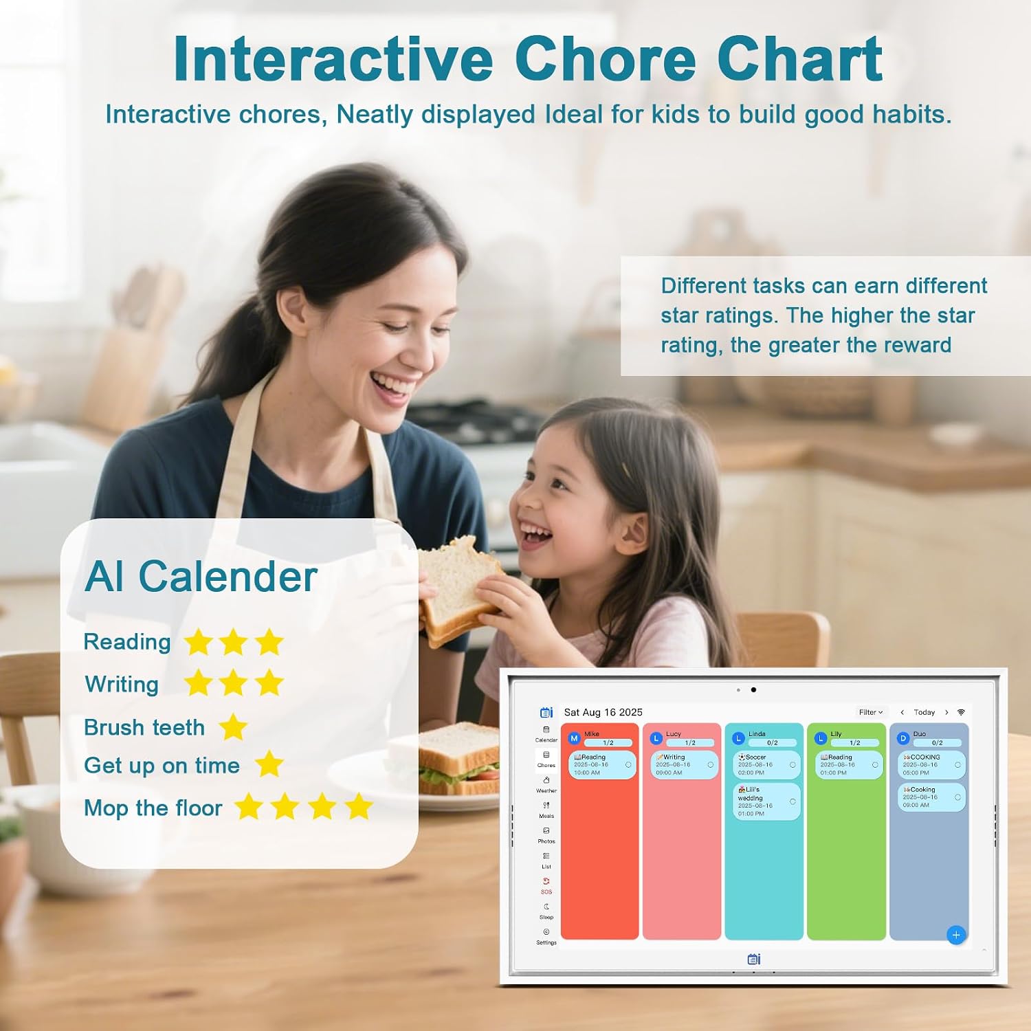 15.6 'Digital Calendar & Chore Chart, For Family Scheduling, Meal Planning, Task Rewards, Video Call，Online Sync With Mobile App, 32G Memory Smart Digital Photo Frame, Desktop Stand And Wall-Mounted