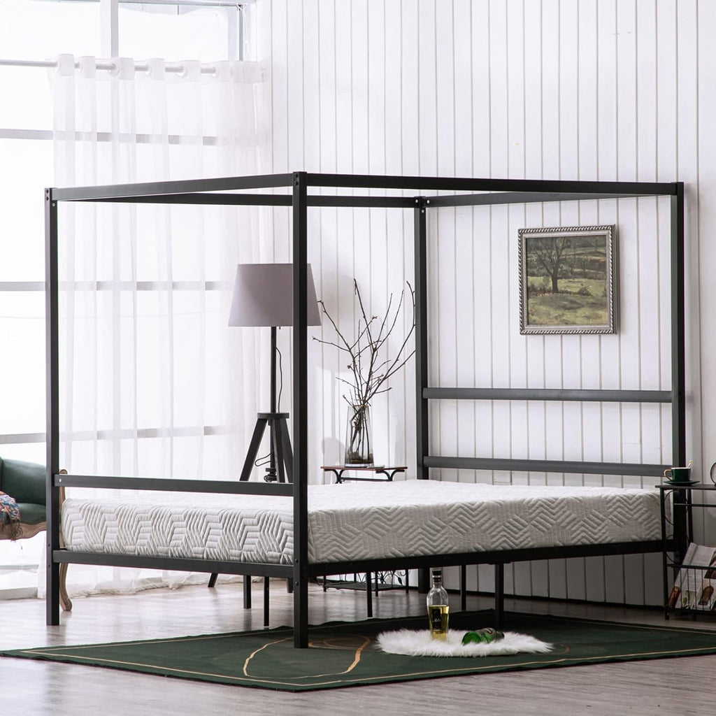 Bonnlo Black Canopy Bed Frame Full with Headboard, 10 Inch Metal Platform Bed Full with 4 Posters, No Box Spring Needed