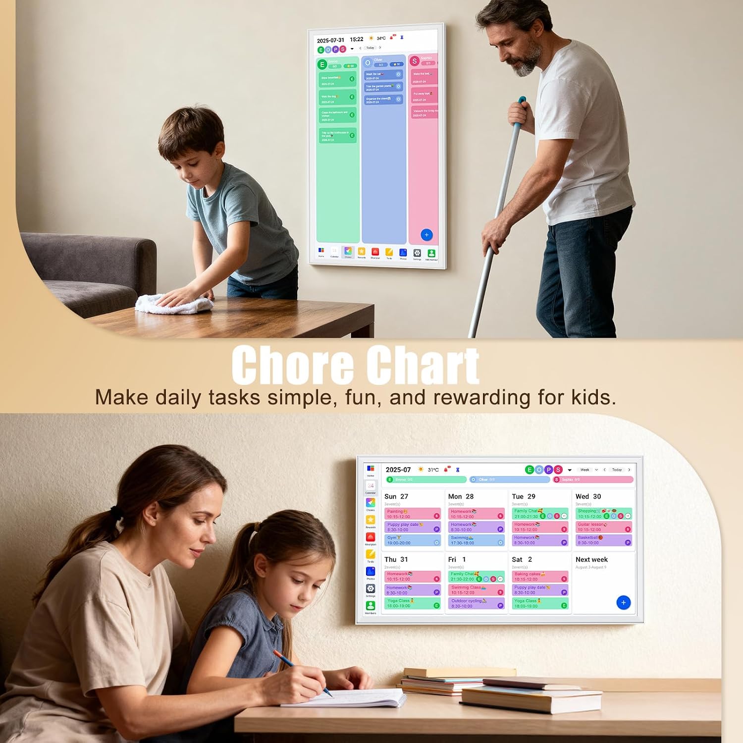 Digital Calendar 32' Smart Touchscreen Electronic Calendar with Family Chore To-do Organizer & Reward System, Dual Mode Smart Calendars & Photo Frame, Wall Mount, 1080P HD Display (White, 32-inch)