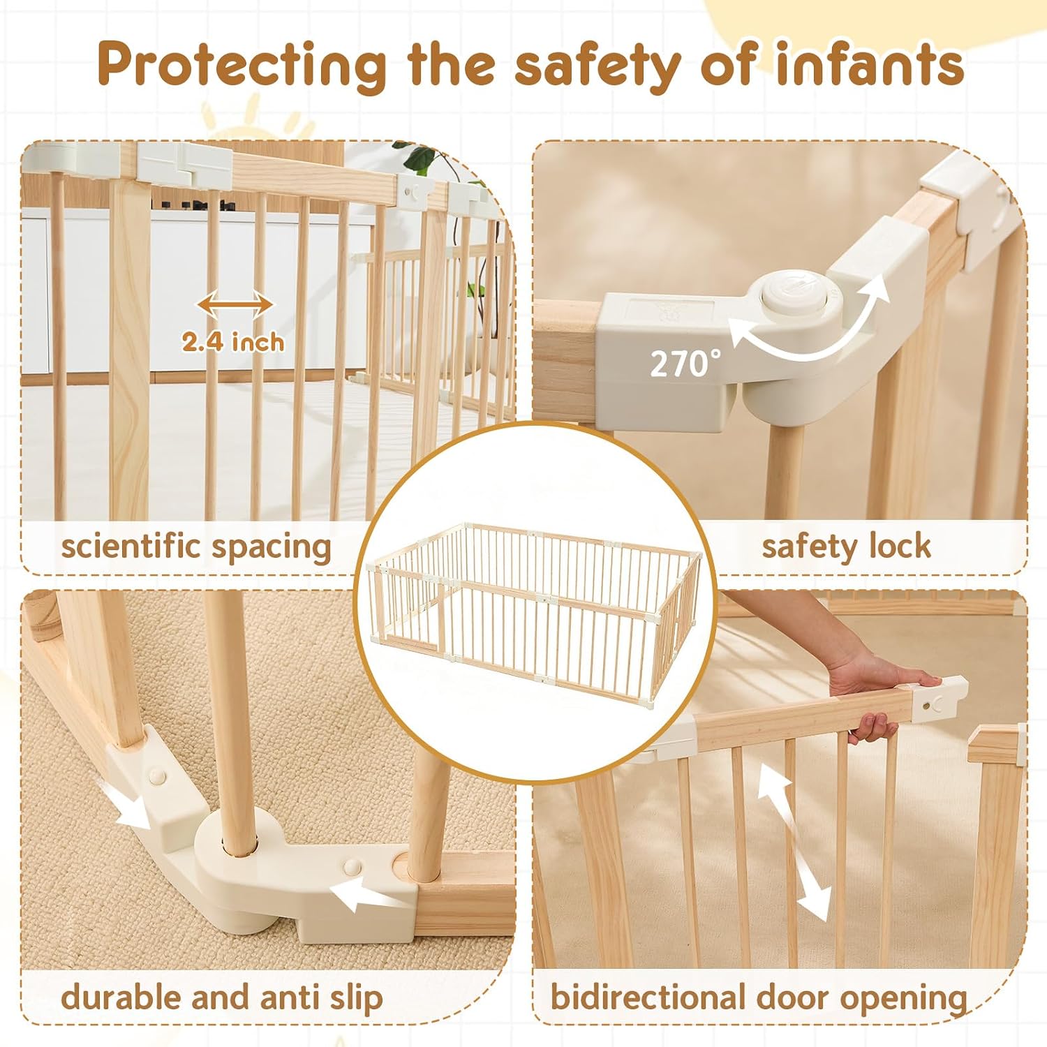 Baby Playpen, Foldable Wooden Play Yard with Gate | Adjustable Activity Center, Child Proof Lock, Expandable, 56x83x24 inch,For Babies 6 to 36 months
