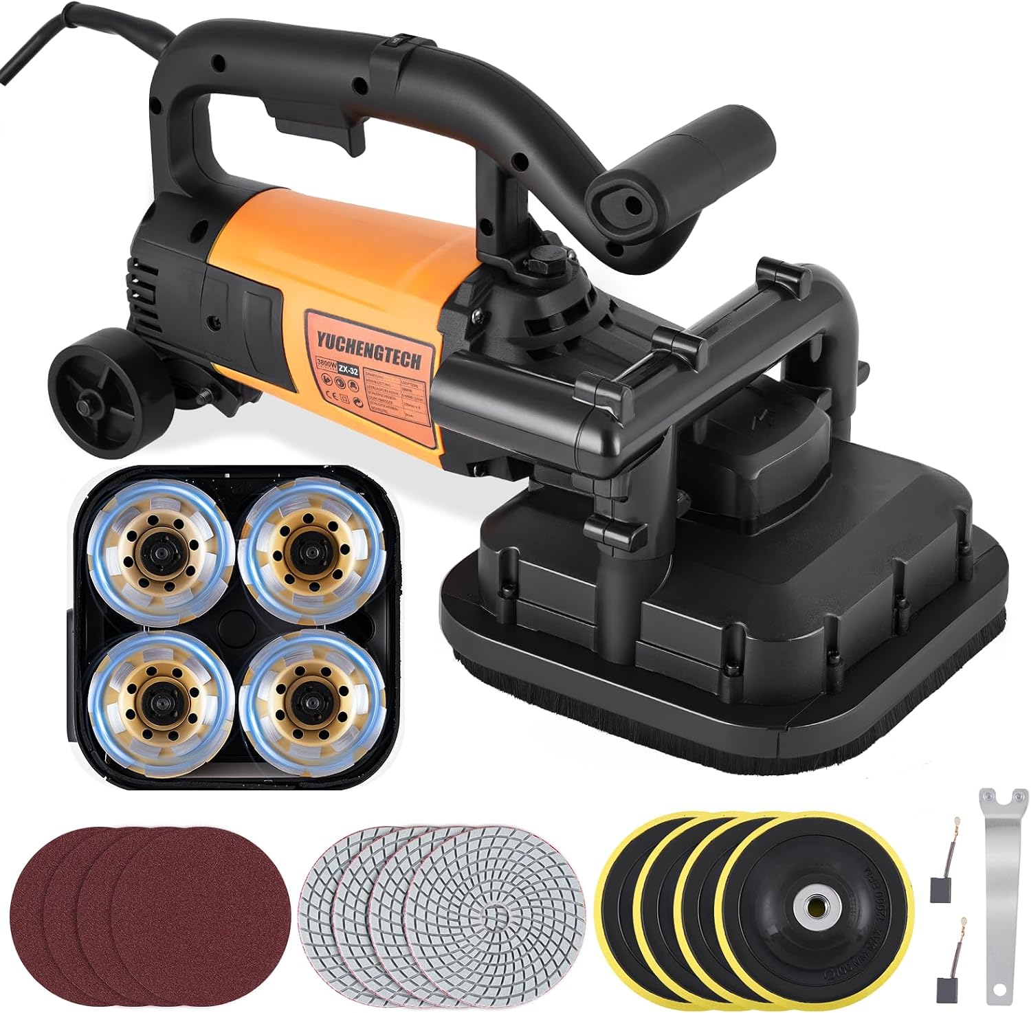 YUCHENGTECH 4-Head Concrete Grinder Set 4' Concrete Surface Grinder Floor Grinder 3800W 0-6000RPM Concrete Surface Planer with Dust Extraction Shroud for Grinding Concrete Cement Marble Granite