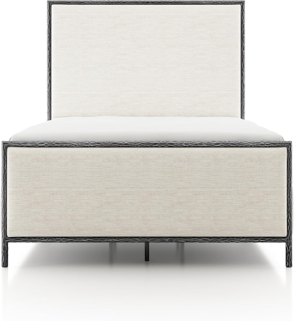 24/7 Shop at Home Lalia Hammered Metal 4-Piece Bedroom Collection, Upholstered Bed Frame with Beige Fabric Headboard, Bench and 1-Shelf Nightstands, Foundation Required, Full, Matte Grey
