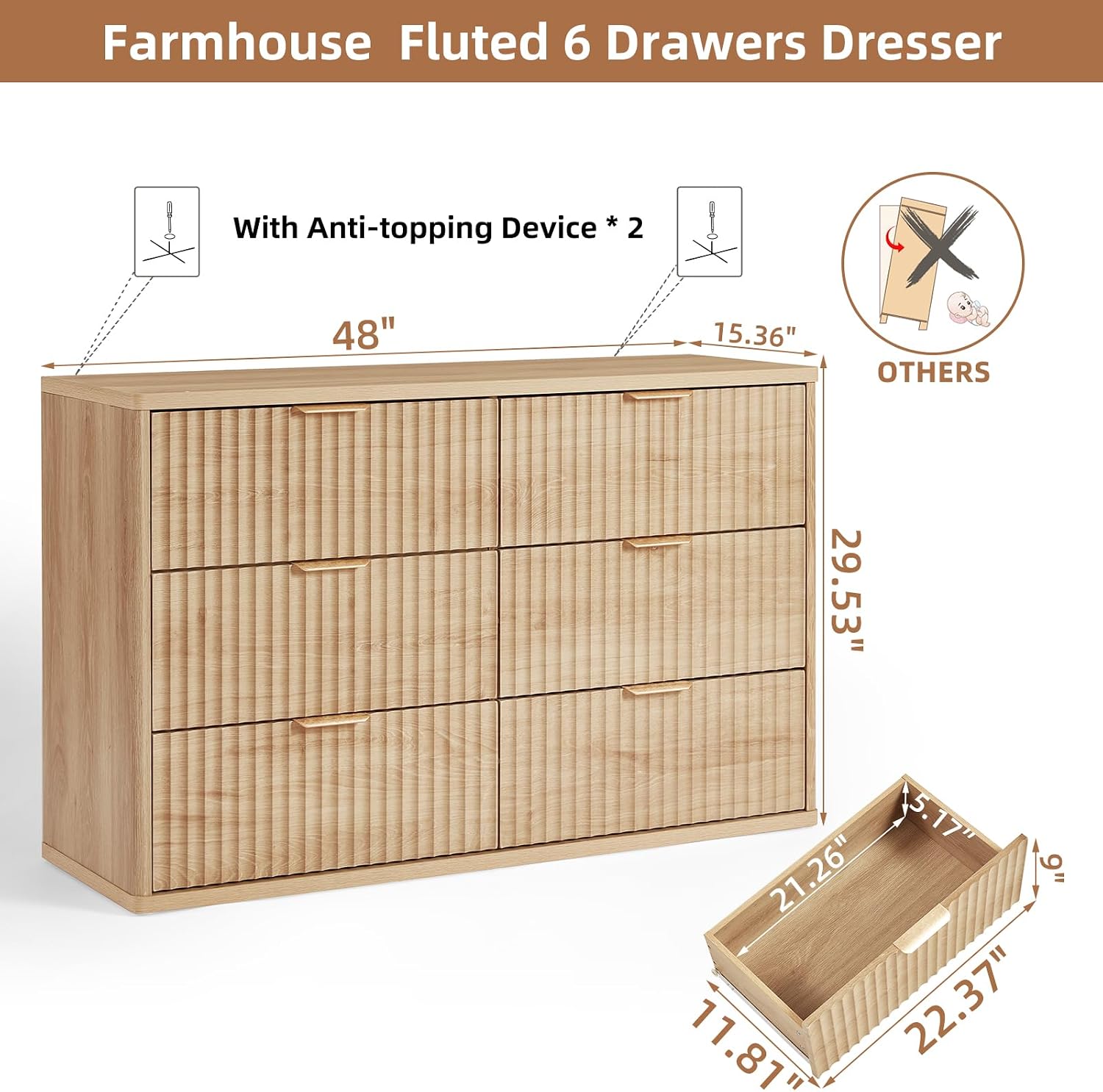 LEYAOYAO Fluted 6 Drawers Dresser for Bedroom, 48' Wide Modern Chest of Drawers with Metal Handle, Natural Curved Profile Farmhouse Closet Organizer Wood Dressers TV Stand for Living Room, Hallway