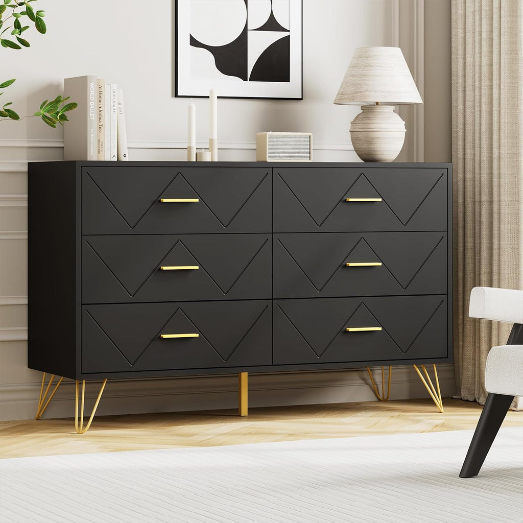 JOZZBY Dresser for Bedroom, 6 Drawer Black Wood Dresser with Gold Handles, Modern Storage Dressers & Chests of Drawers for Hallway, Entryway