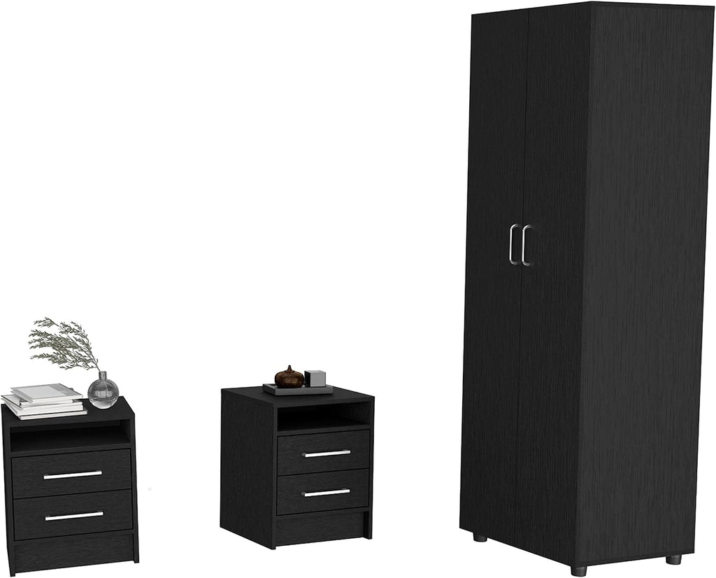 3-Piece Bedroom Set: Wardrobe Closet & 2 Nightstands, Tool-Free Assembly Design, Retro Style Storage Furniture for Bedroom, Black