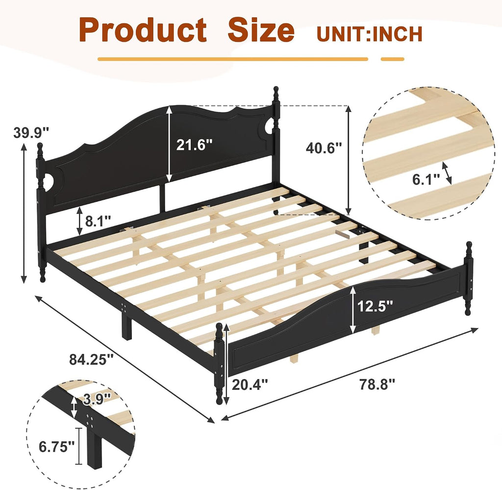 Merax Retro Wood Platform Bed with High Headboard, King Bed Frame with Sturdy Legs/No Box Spring Needed/Easy Assemble Black