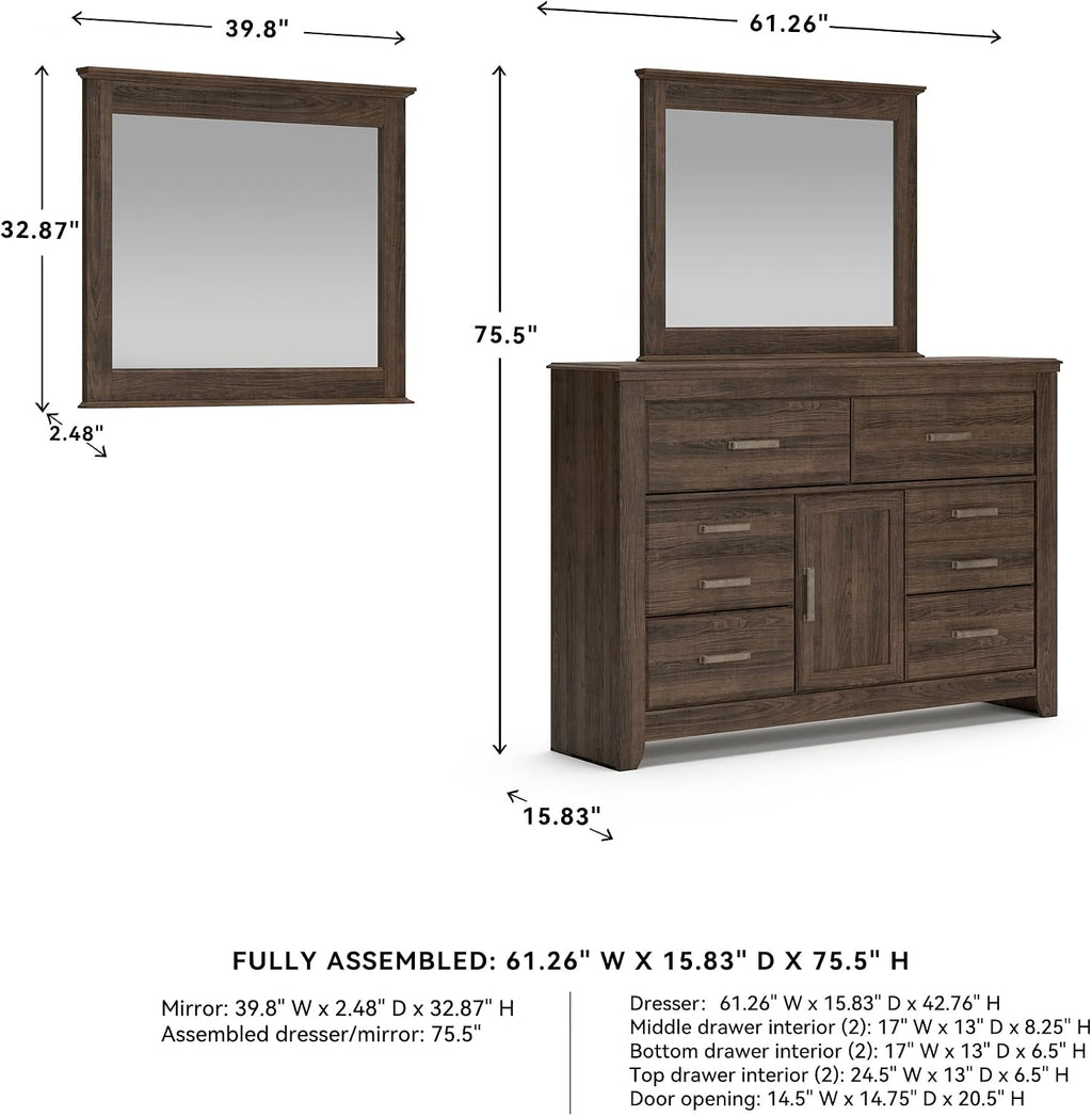 Signature Design by Ashley Juararo Vintage Smooth-Gliding 6-Drawer Dresser and Mirror with Safety Stop, Cabinet and Adjustable Shelf, Dark Brown