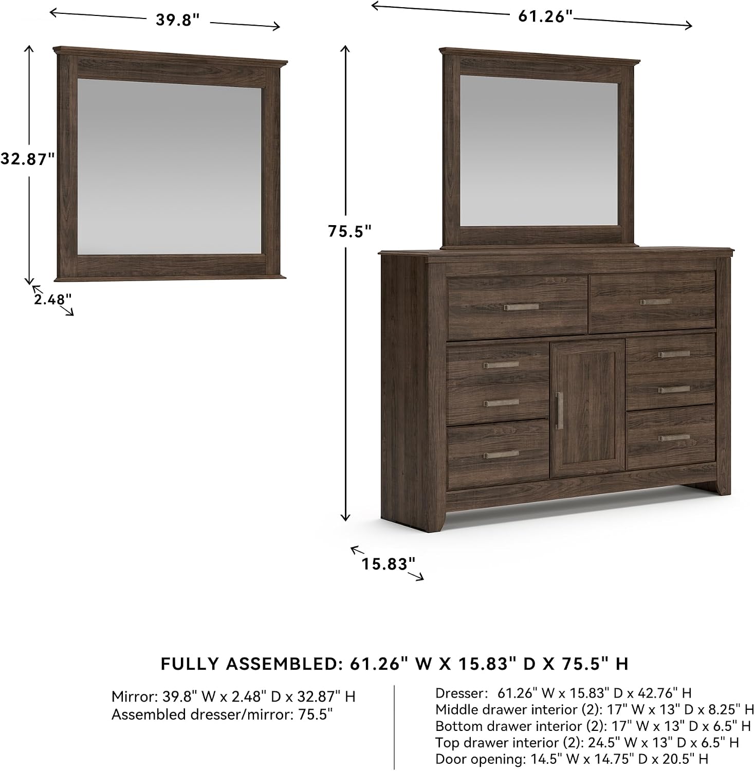 Signature Design by Ashley Juararo Vintage Smooth-Gliding 6-Drawer Dresser and Mirror with Safety Stop, Cabinet and Adjustable Shelf, Dark Brown