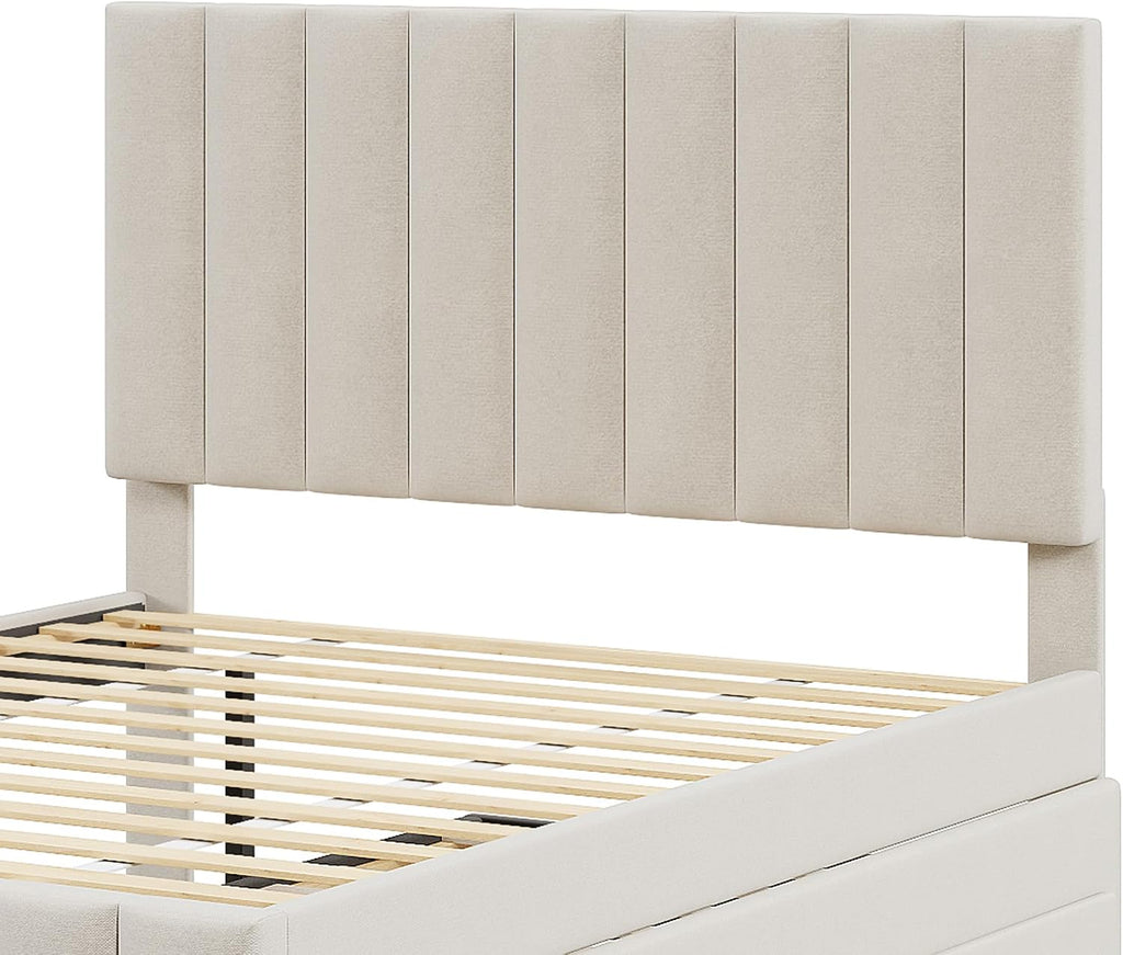 VilroCaz Full Size Upholstered Platform Bed with Trundle and 3 Drawers, Linen Fabric Platform Bed Frame with Stripe Headboard, No Box Spring Needed, Space Savings (Beige-6.16)