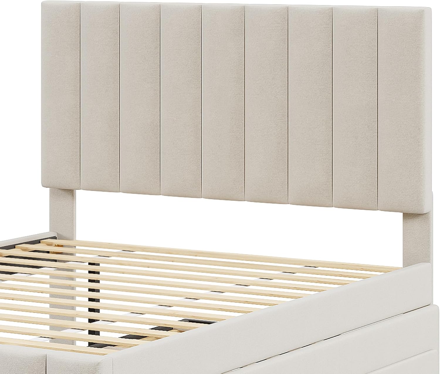 VilroCaz Full Size Upholstered Platform Bed with Trundle and 3 Drawers, Linen Fabric Platform Bed Frame with Stripe Headboard, No Box Spring Needed, Space Savings (Beige-6.16)