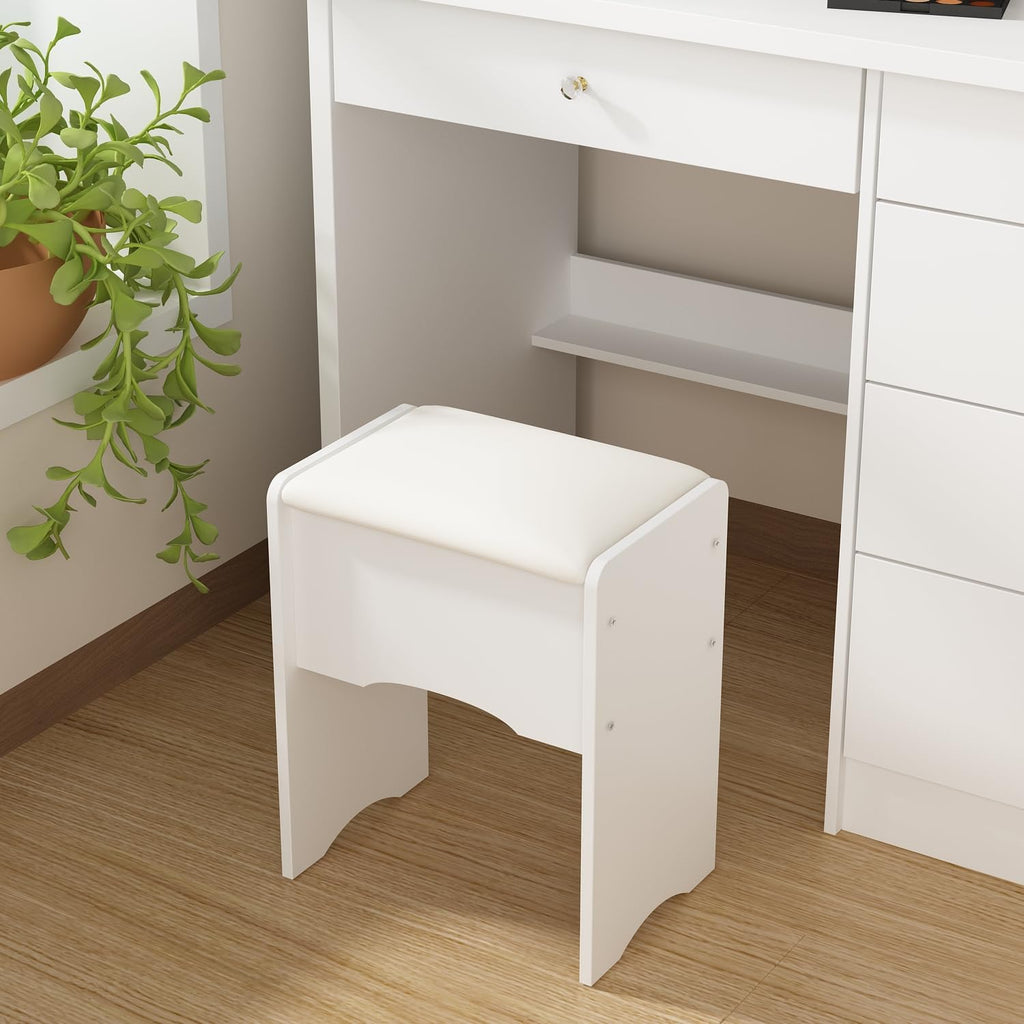 Vanity Desk Set with Lighted Mirror, Makeup Vanity with Drawer & Shelf, Dressing Table with Cushion Stool, Vanity Set for Bedroom, White