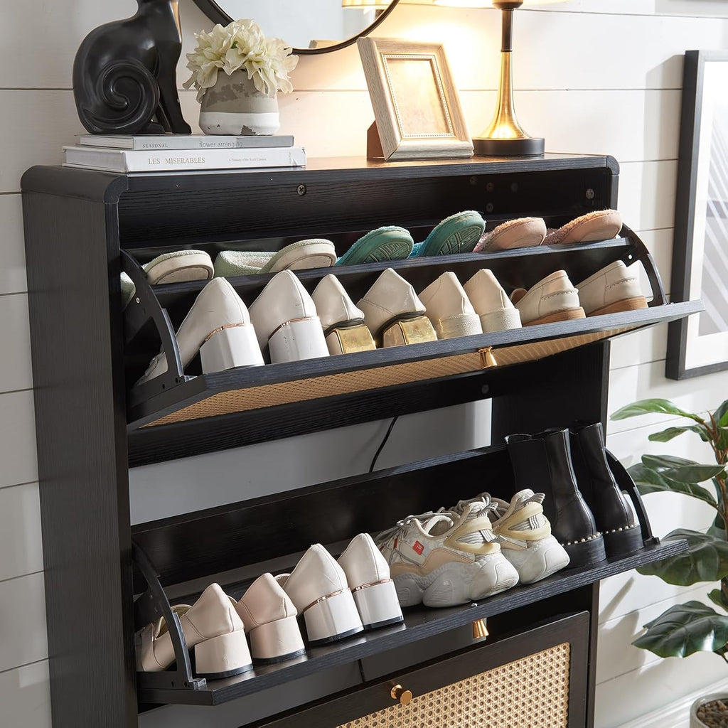 Storage Cabinet With 3 Flip Drawer Natural Rattan Shoe Organizer Freestanding Wooden Rack With Metal Legs for Entryway Hallway Bedroom Mudroom (Black)