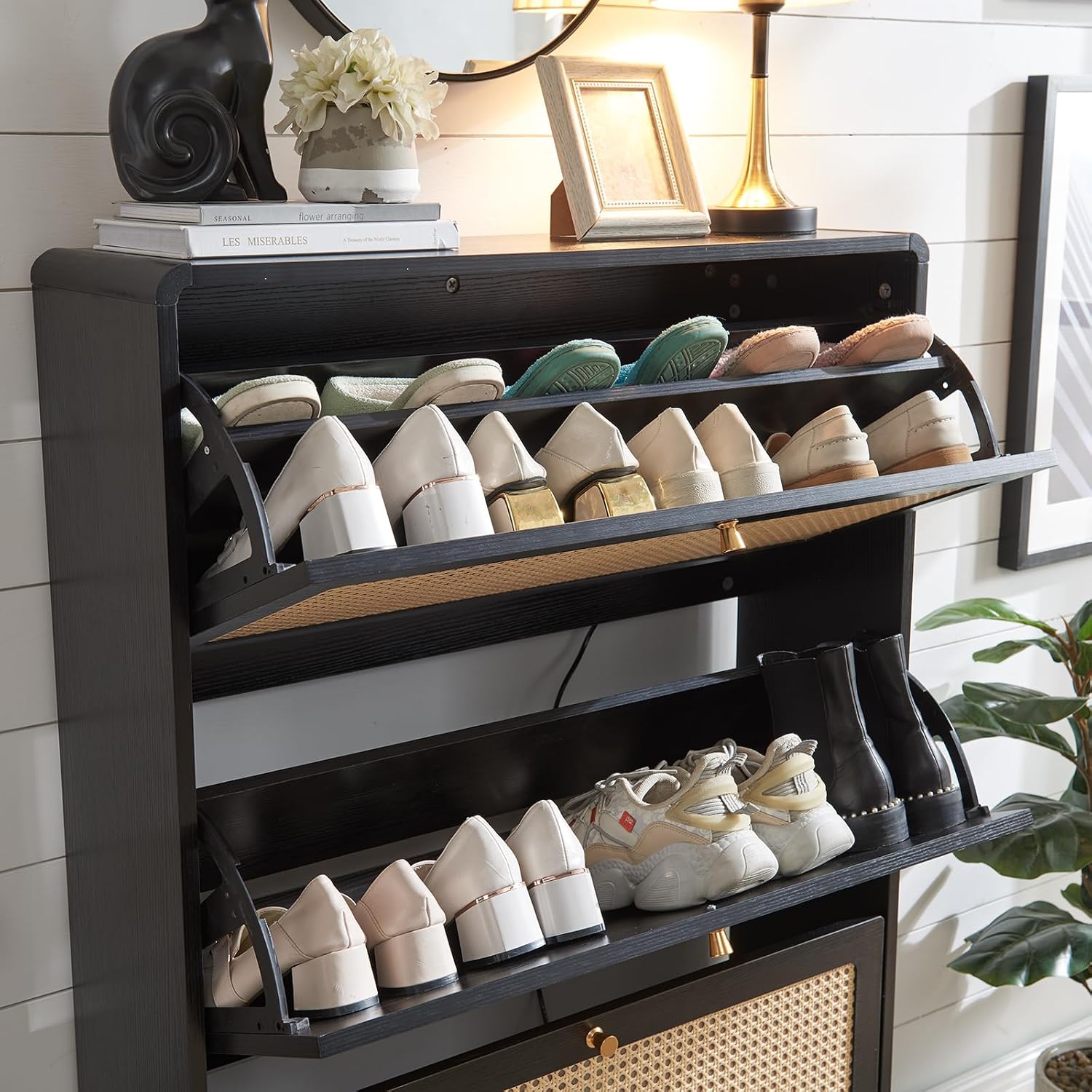 Storage Cabinet With 3 Flip Drawer Natural Rattan Shoe Organizer Freestanding Wooden Rack With Metal Legs for Entryway Hallway Bedroom Mudroom (Black)