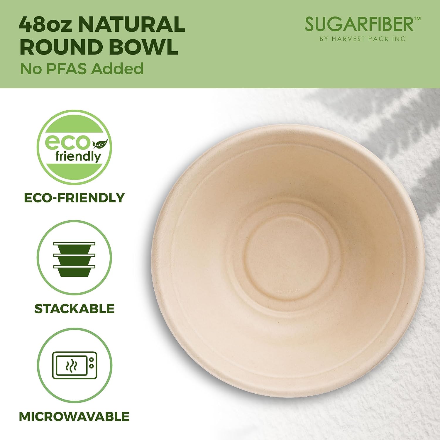 [500 COUNT]Harvest Pack PFAS FREE 48oz Round Compostable Bowls, Heavy-Duty Eco-Friendly Disposable Bagasse Large Soup Paper Bowls, sugarcane made for Meal Prep Takeout Dinnerware, Microwave Safe