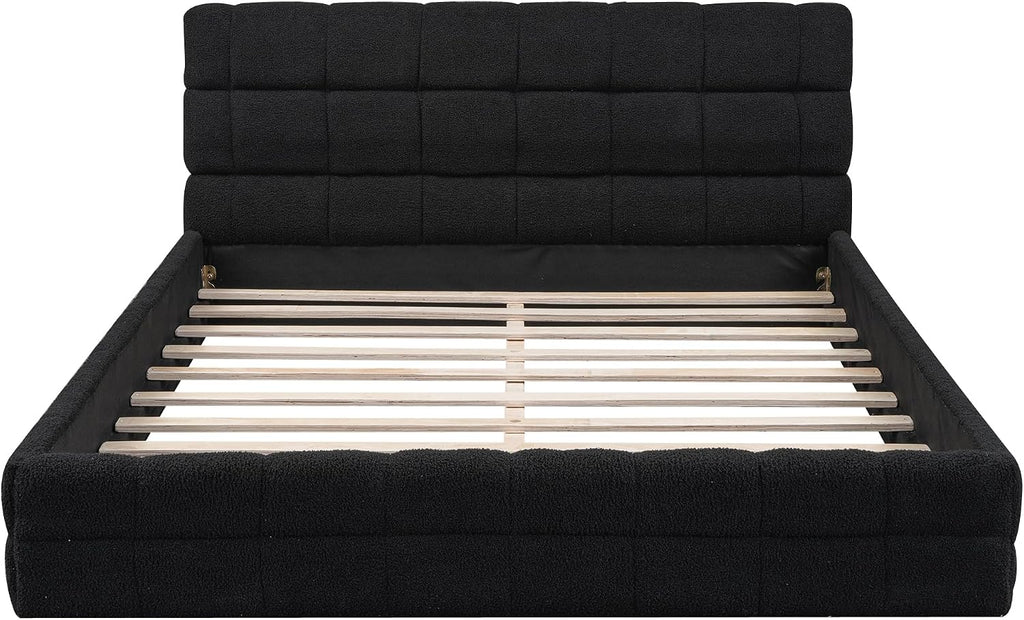 Queen Size Upholstered Platform Bed, Velvet headboard,Wood Slat Support, No Box Spring Needed,Easy Assembly,Bedroom Set (A+Black)