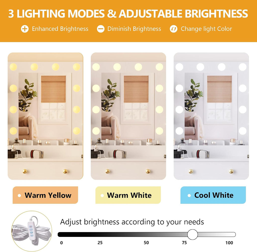 Wodeer Makeup Vanity Desk with Mirror and Lights, 43' White Vanity Set with 3 Drawers, Power Outlet & Adjustable RGB LED Lights, Dressing Table with Storage Shelf for Women & Girls Bedroom