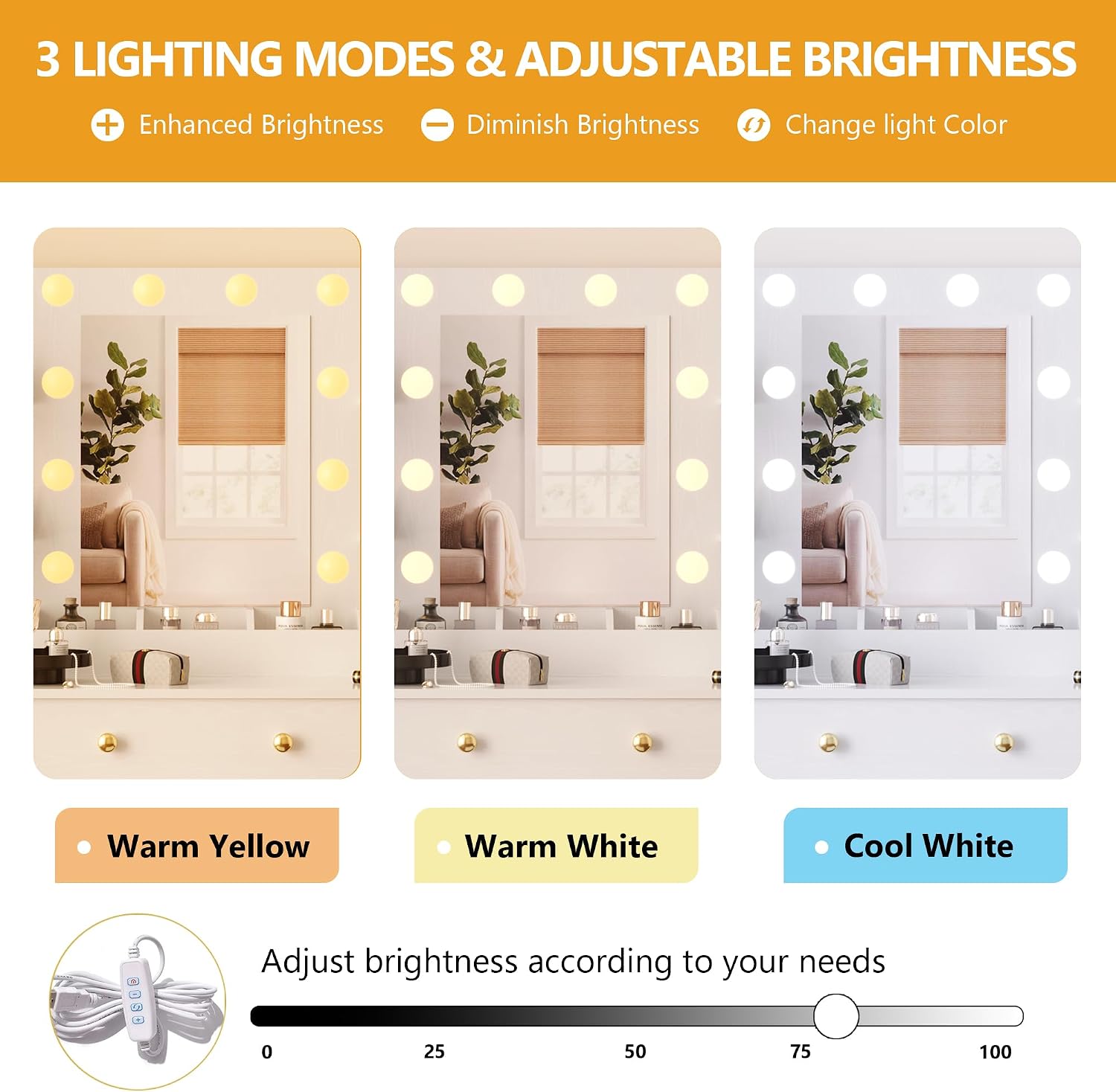 Wodeer Makeup Vanity Desk with Mirror and Lights, 43' White Vanity Set with 3 Drawers, Power Outlet & Adjustable RGB LED Lights, Dressing Table with Storage Shelf for Women & Girls Bedroom