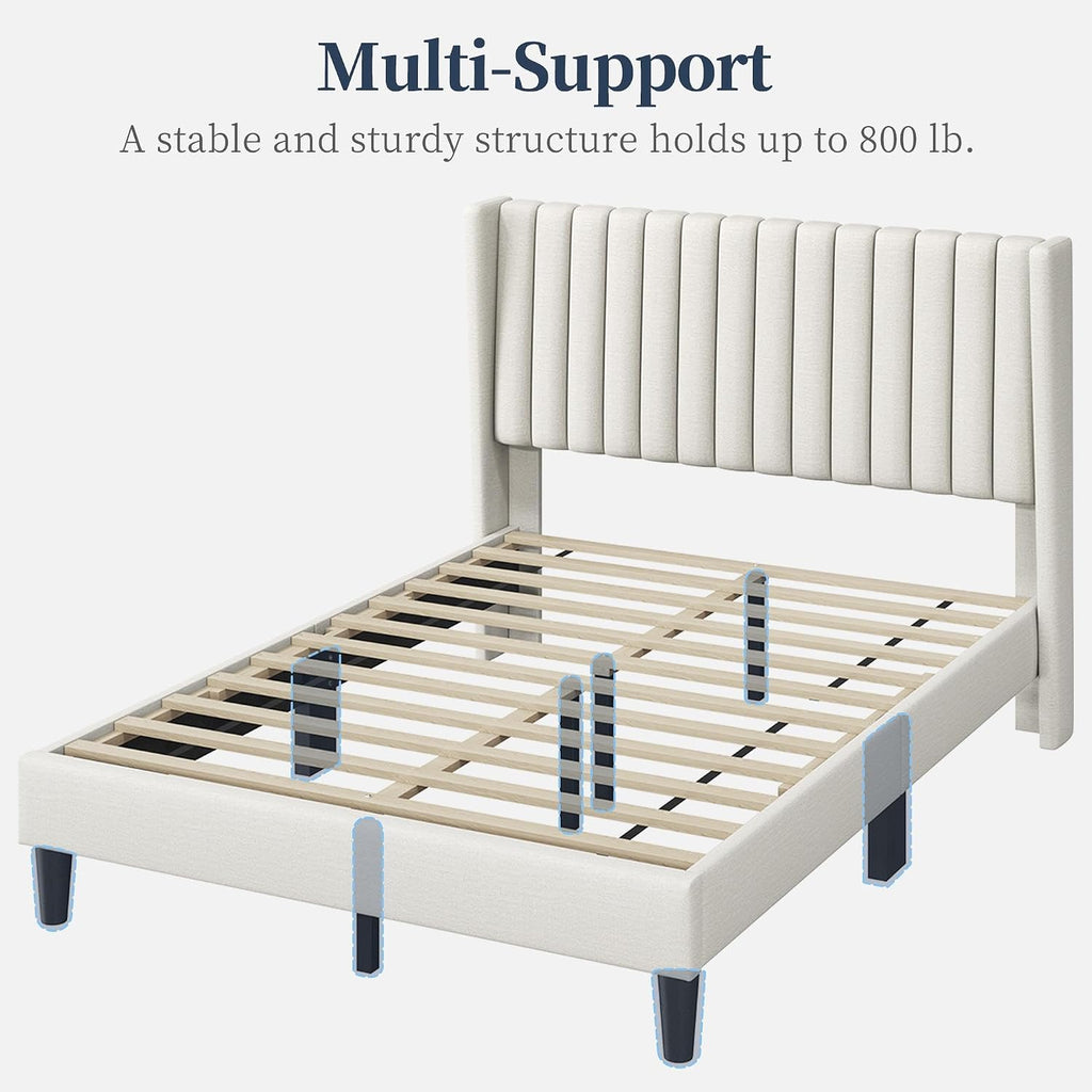 Yaheetech Full Bed Frame Upholstered Platform Bed with Fabric Headboard, Wing Edge Design/Non-Slip and Noise-Free/Wooden Slats Support/No Box Spring Needed/Easy Assembly, Ivory Full Bed