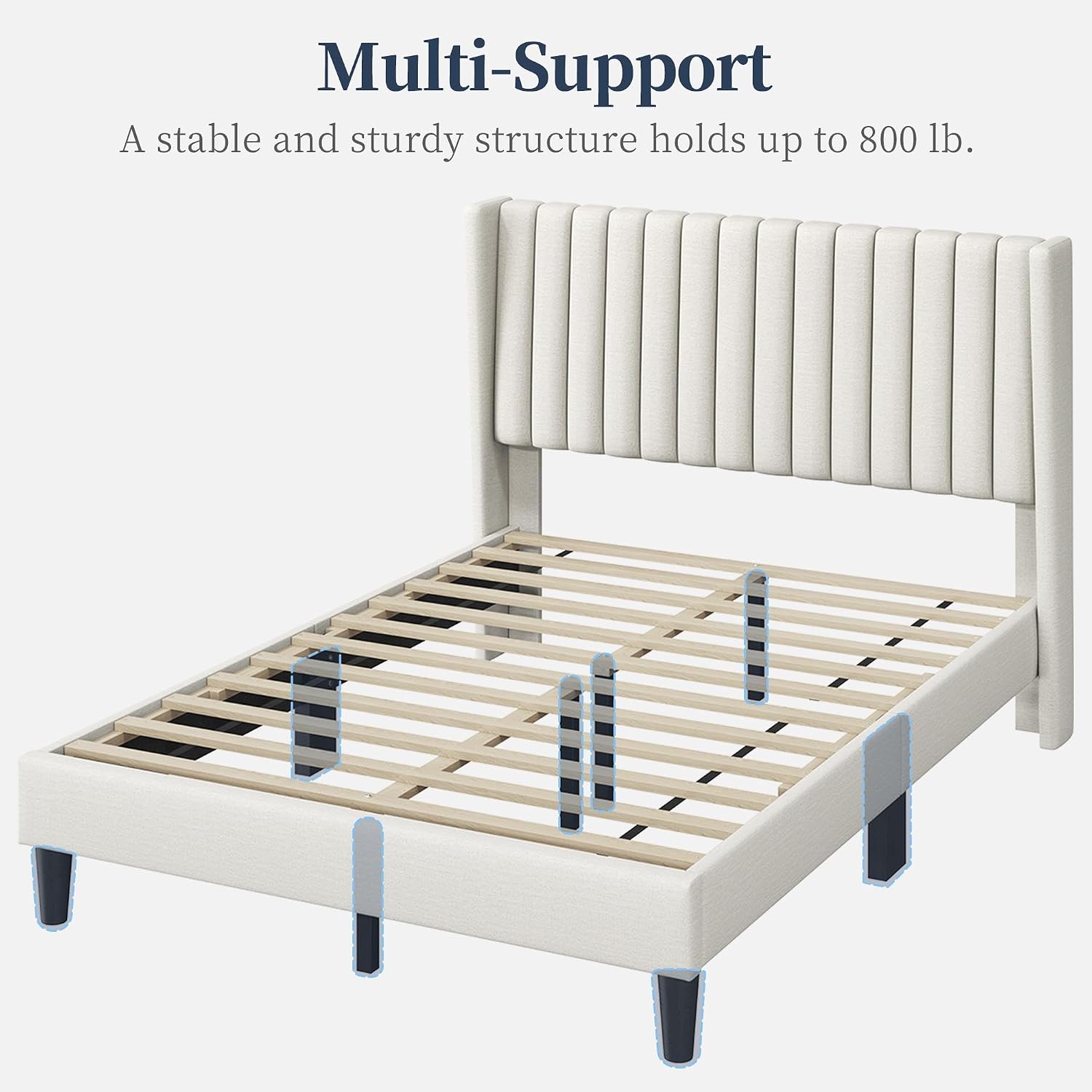 Yaheetech Full Bed Frame Upholstered Platform Bed with Fabric Headboard, Wing Edge Design/Non-Slip and Noise-Free/Wooden Slats Support/No Box Spring Needed/Easy Assembly, Ivory Full Bed