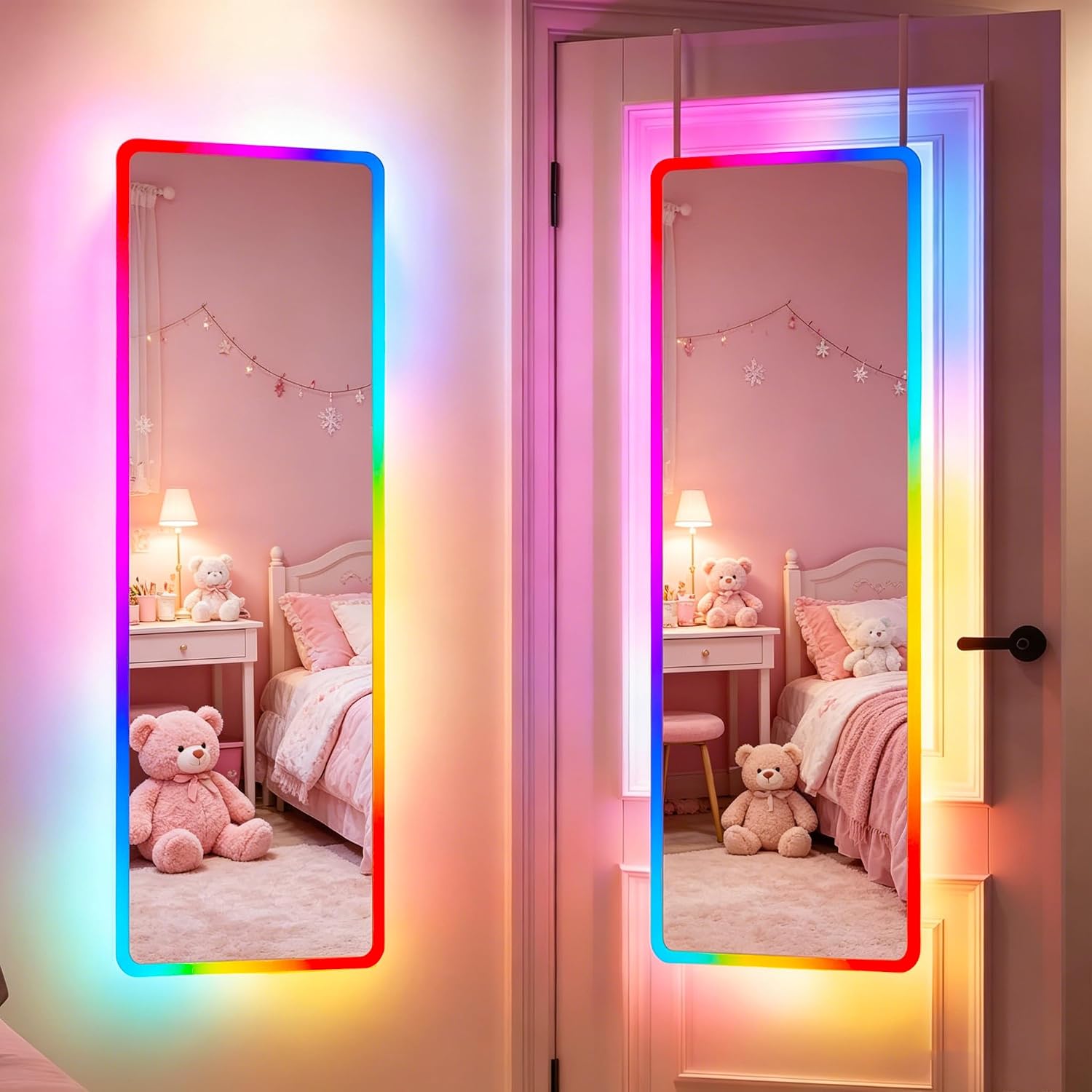 Vlsrka 47x16 Full Length Mirror with RGB Lights, LED Over The Door Lighted Mirror Full Body, 7 Color Dimming Lighting & 7 Dynamic Mode, Door Hanging/Wall-Mounted (Gift Box Design)