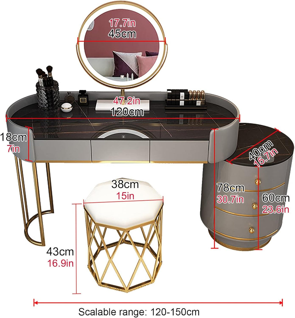 Dressing Table Makeup Vanity Table, with Adjustable LED Mirror 3 Color Lighting, Round Vanity Desk Bedside Table and Cushioned Stool Set, Bedroom Furniture Decor(Gray+White a-120cm/47.2in)