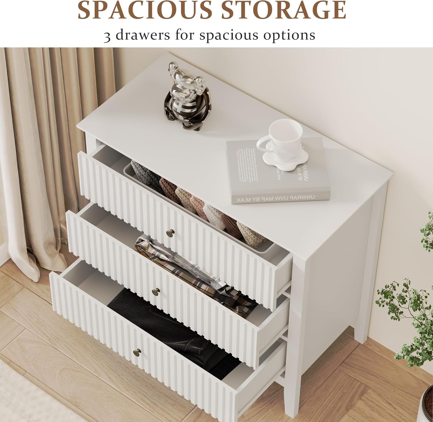 RoyalCraft Large 3 Drawer Dresser Set of 2, Fluted Wood Chest of Drawers with Storage, Modern Painted 30 inch Wide Nightstand for Bedroom Living Room Entryway, White