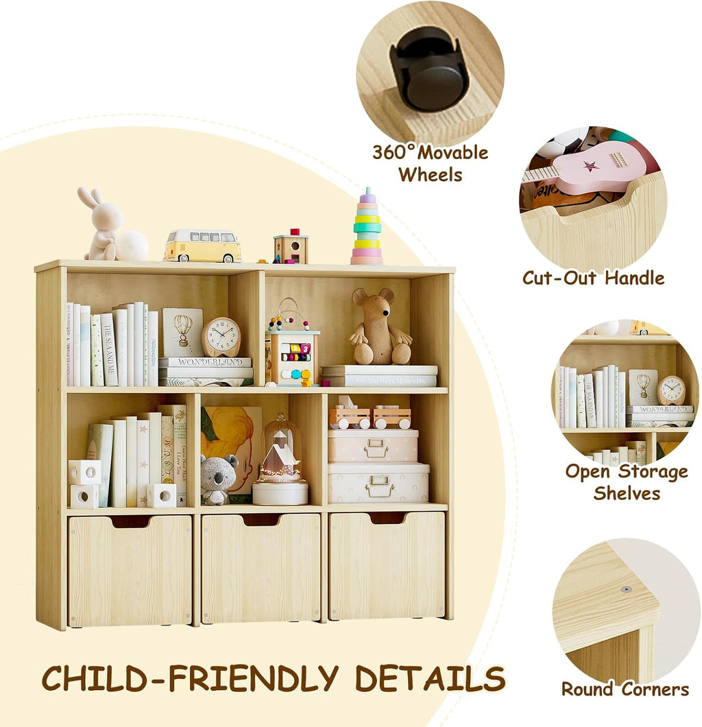 EXPERLAM Solid Pine Wood Toy Storage Organizer, Kids Bookshelf and Toy Organizer with 3 Rolling Drawers, 5 Storage Cubes, Montessori Playroom Storage Cabinet, Burlywood
