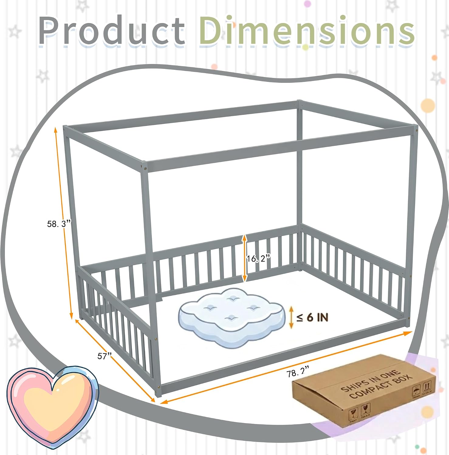 Full Size Canopy Bed Frame with 4 Posters and Guardrails for Kids, Wood Montessori Floor Bed Full Size with High Fence for Girls & Boys, Easy Assemble, Montessori Beds,Gray