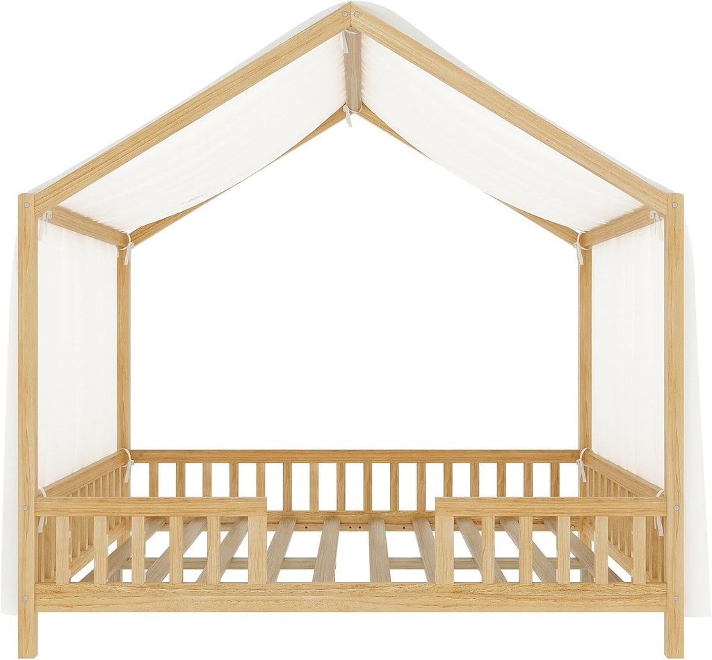 Full Size House-Shape Bed with Canopy and High Railings, Wood Kids Bed Frame with Roof (Natural, Full)