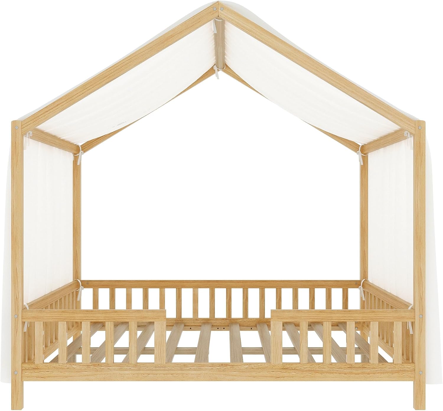 Full Size House-Shape Bed with Canopy and High Railings, Wood Kids Bed Frame with Roof (Natural, Full)
