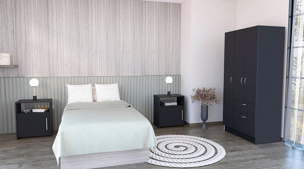 No Tools Needed! 3-Piece Bedroom Set: Wardrobe with Hanging Rod & 2 Drawer Nightstands, Easy Snap-Together Assembly, Sturdy Black Furniture